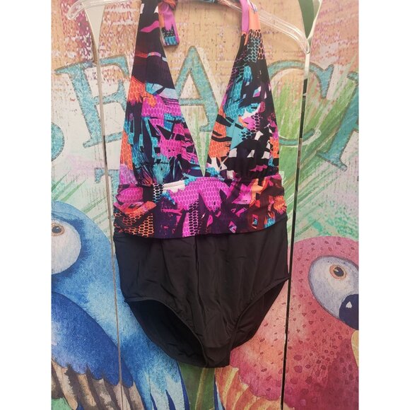 Aqua Green Womens Halter One-Piece Swimsuit With Black & Multicolor Abstract Des - Picture 4 of 7